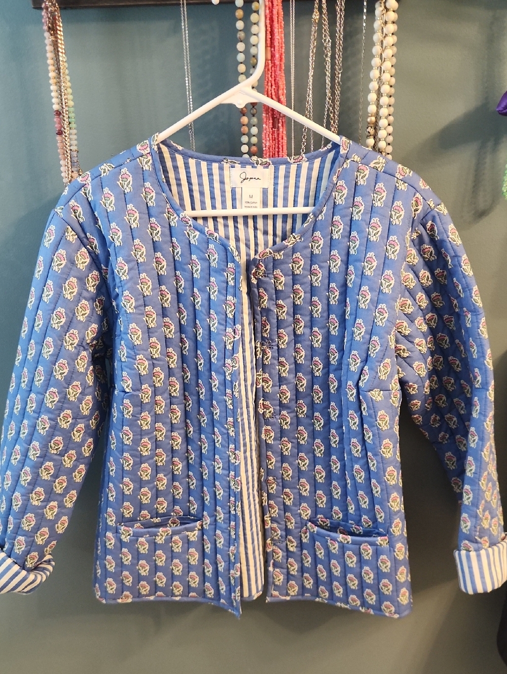 Japna Quilted Blue Floral Jacket with Striped Lining
